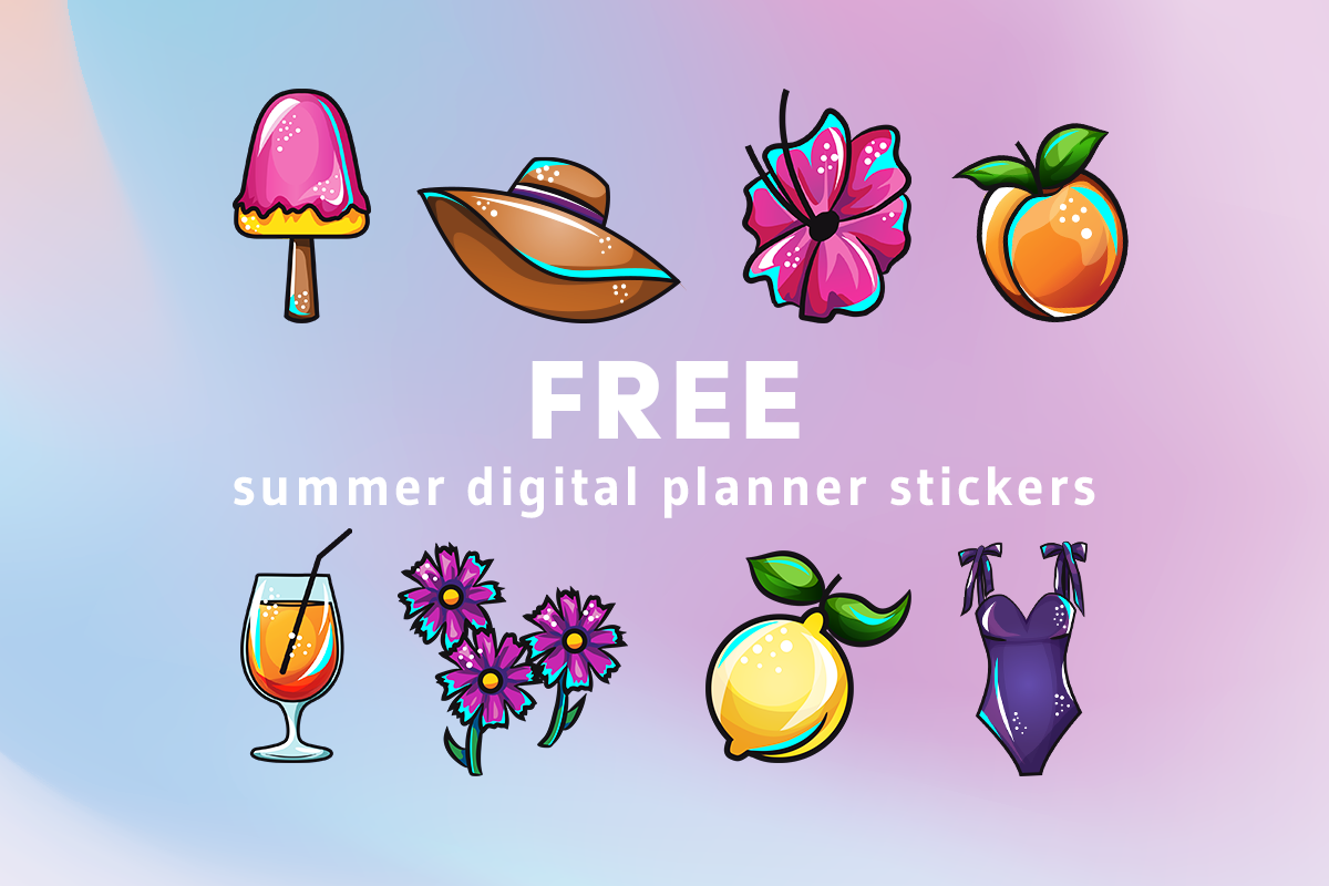 Pastel background with icons of: pink popsicle, brown floppy hat, pink hibiscus flower, peach, aperol spritz, pink cosmos, lemon, purple swimsuit