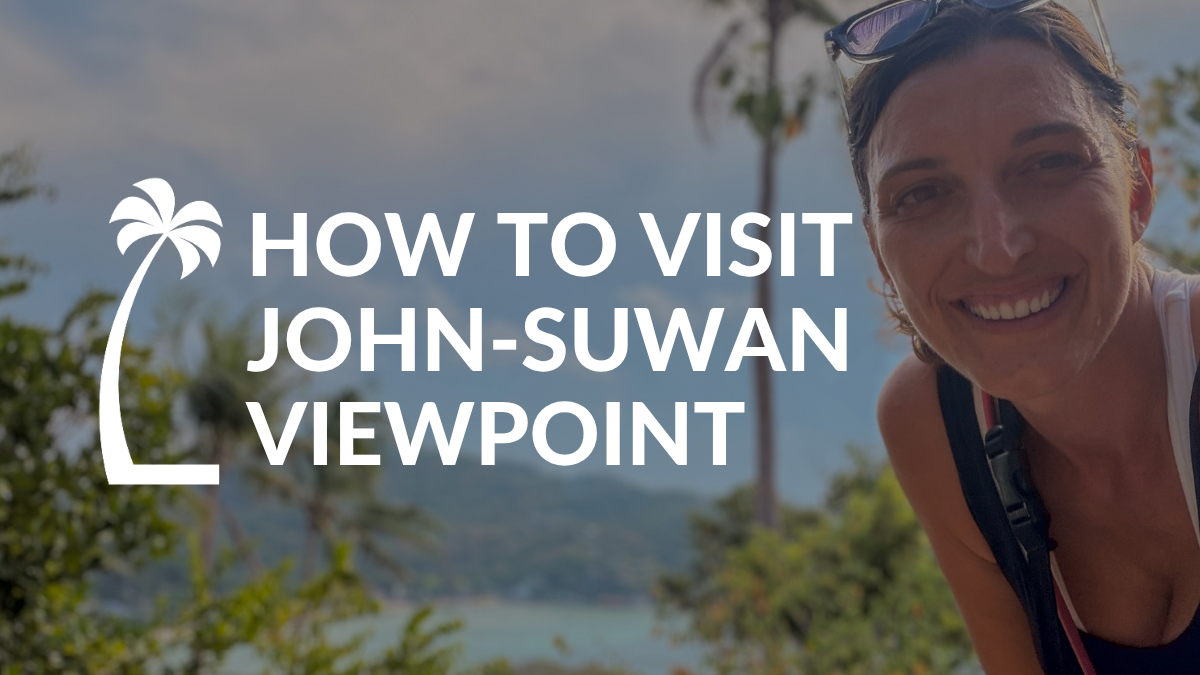 "How to visit John-Suwan Viewpoint" with a palm tree logo and background image of palm trees and distant coastline with Lynne smiling for a selfie in the corner