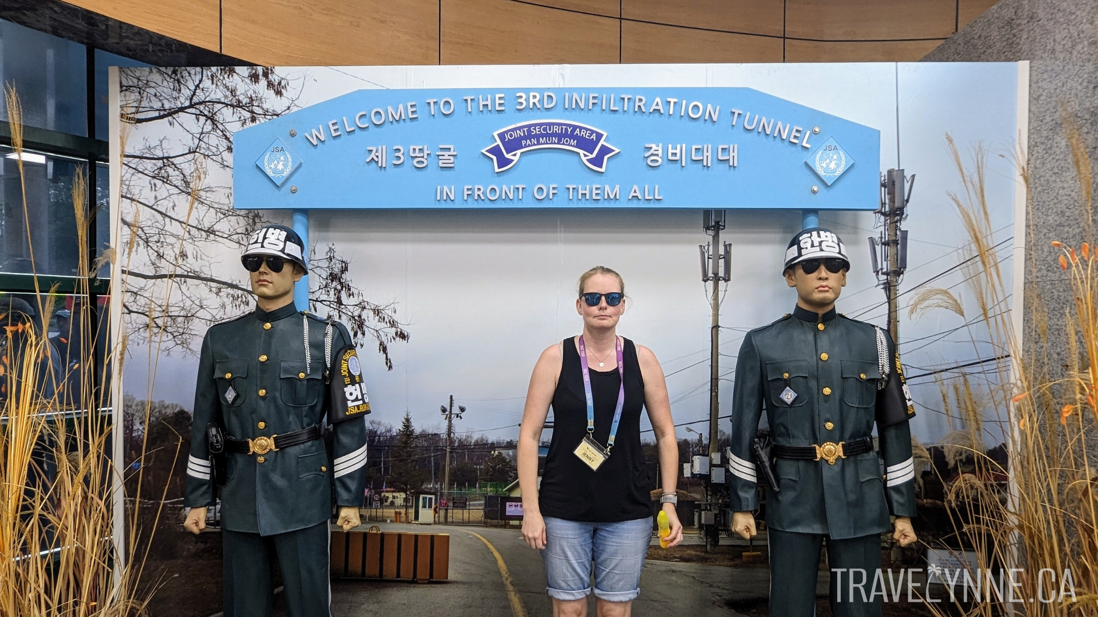 A photo opp in front of the third tunnel includes a sign reading "Welcome to the 3rd infiltration tunnel" with two plastic guards in military uniform.