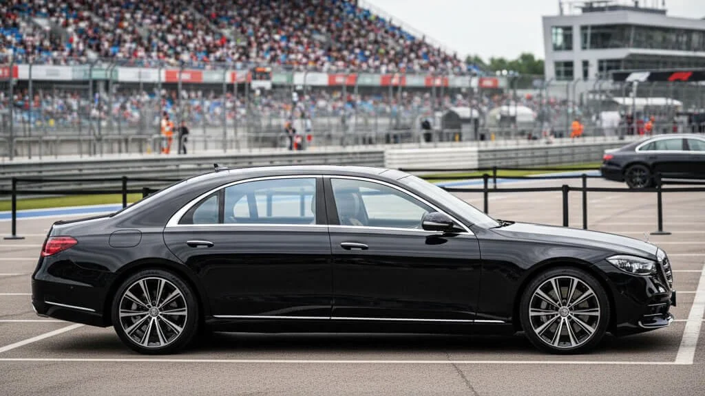 A business car is seen in front of the F1 race at the Hungaroring for race pickups and dropoffs near Budapest
