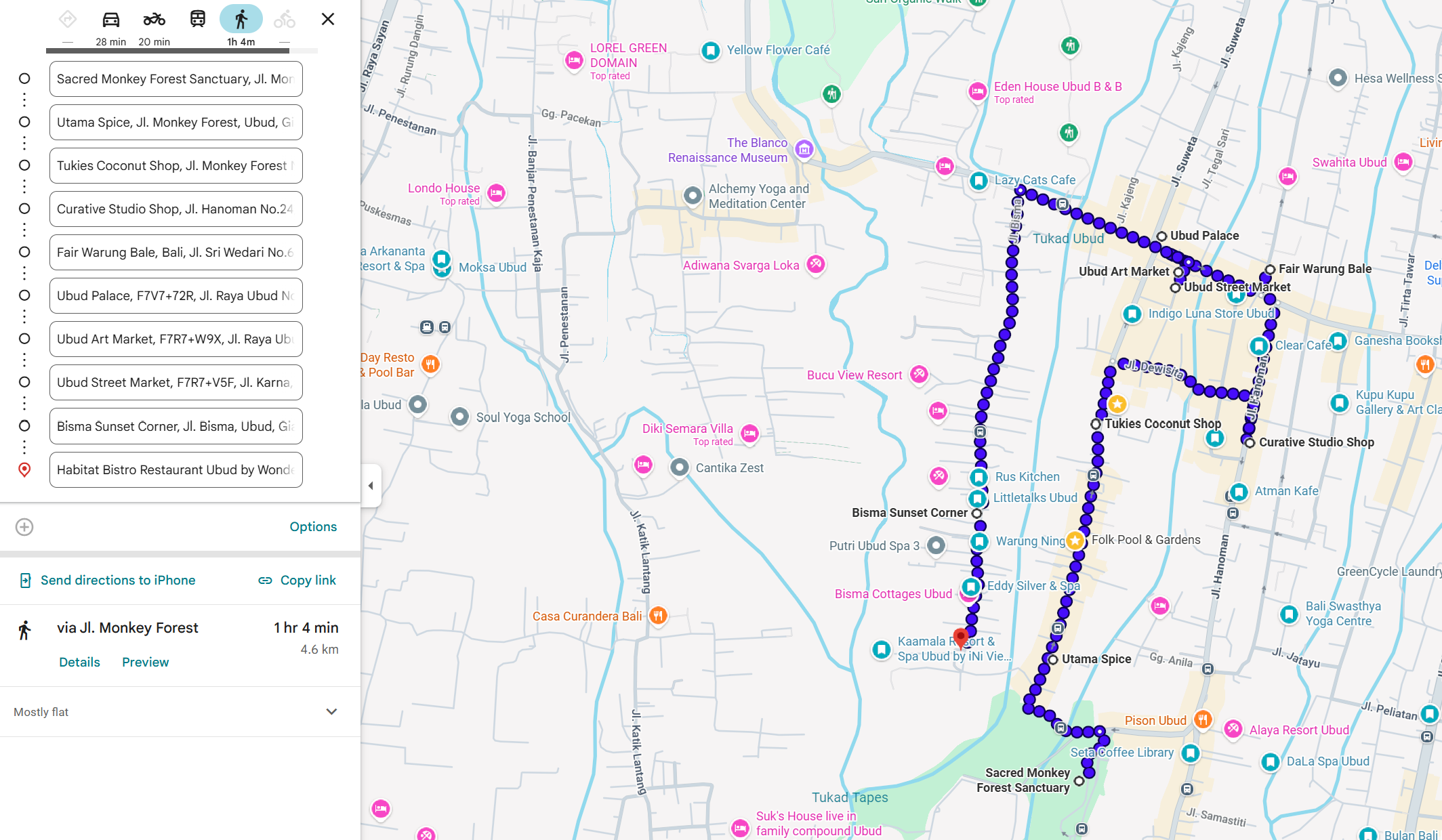 Screenshot from Google Maps showing all the stops along the self-guided walking tour of Ubud in a list plus as a route on the map