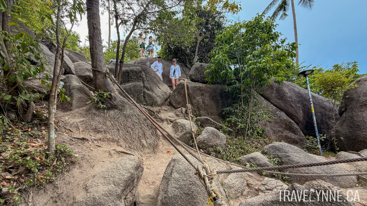 A rope system tied to various trees is set up for challenging parts of the climb to the top of the John-Suwan Viewpoint