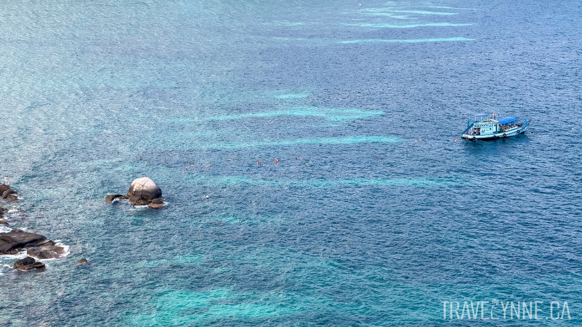 Taken from above, a zoomed in view of a blue tourist boat in Koh Tao, Thailand, with guests snorkeling around it.