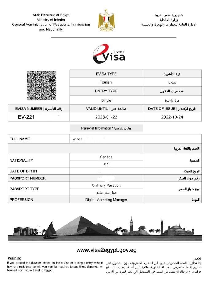 A screenshot of a visa approval from the Arab Republic of Egypt Ministry of Interior General Administration of Passports, Immigration and Nationality. It shows the vida details like number and type and censored information like name, nationality, etc