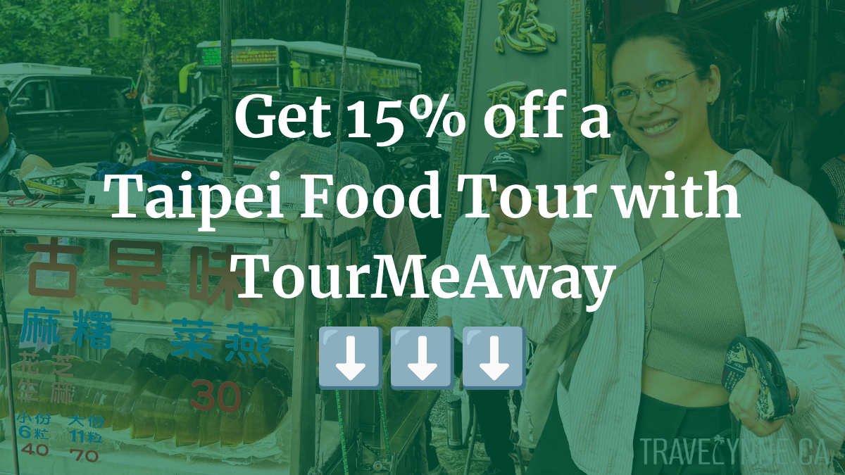 Banner reading "Get 15% off a Taipei Food Tour with TourMeAway" and a background image or a guide at a mochi cart