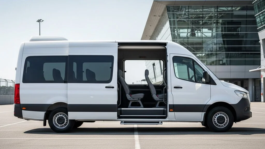 A white van is seen in front of the airport in Budapest, ready for F1 fans to arrive for race weekend