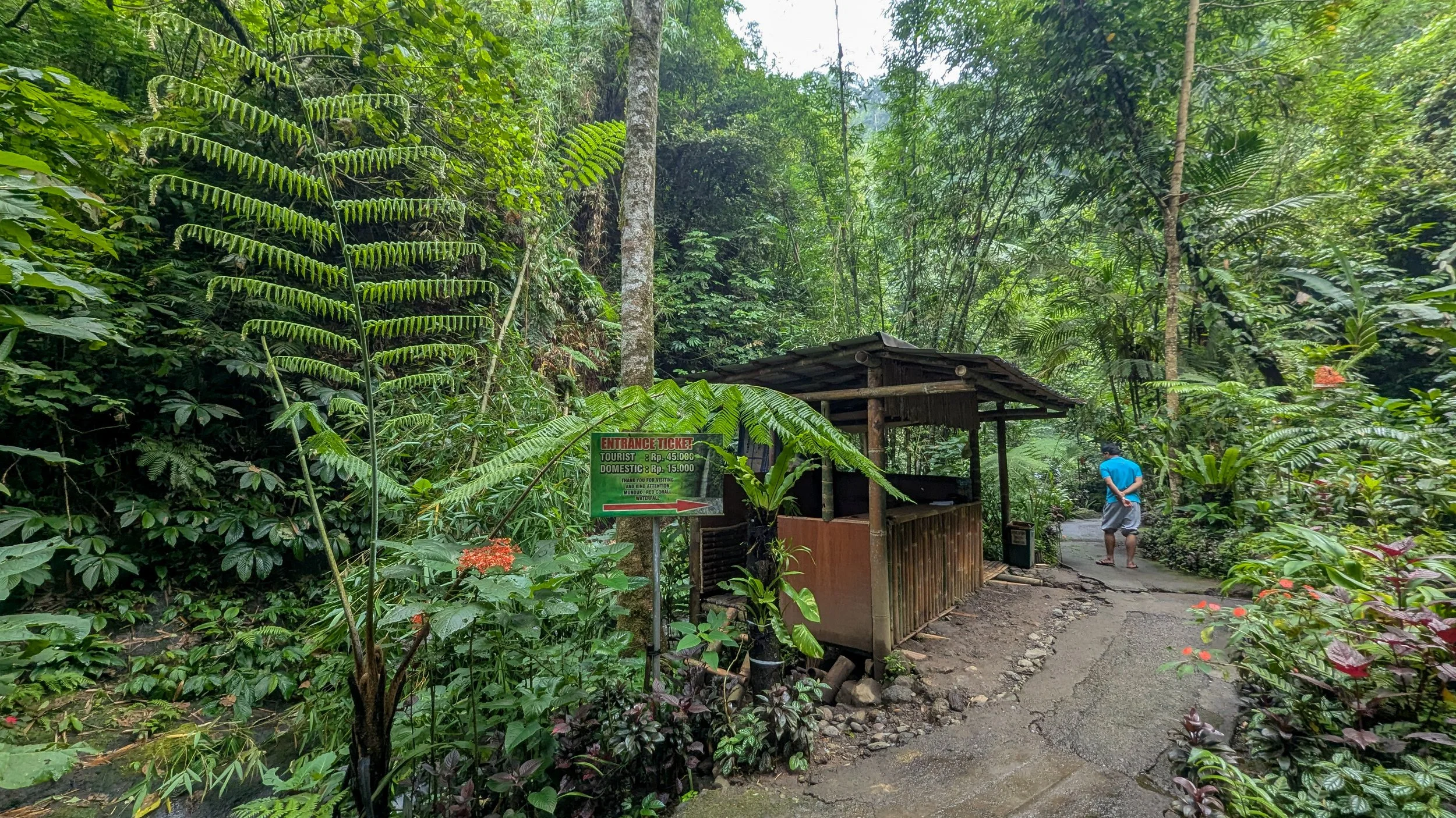A forest path with a kiosk, worker, and sign showing the price of Red Coral Waterfall (45,000 Rp for foreigners)