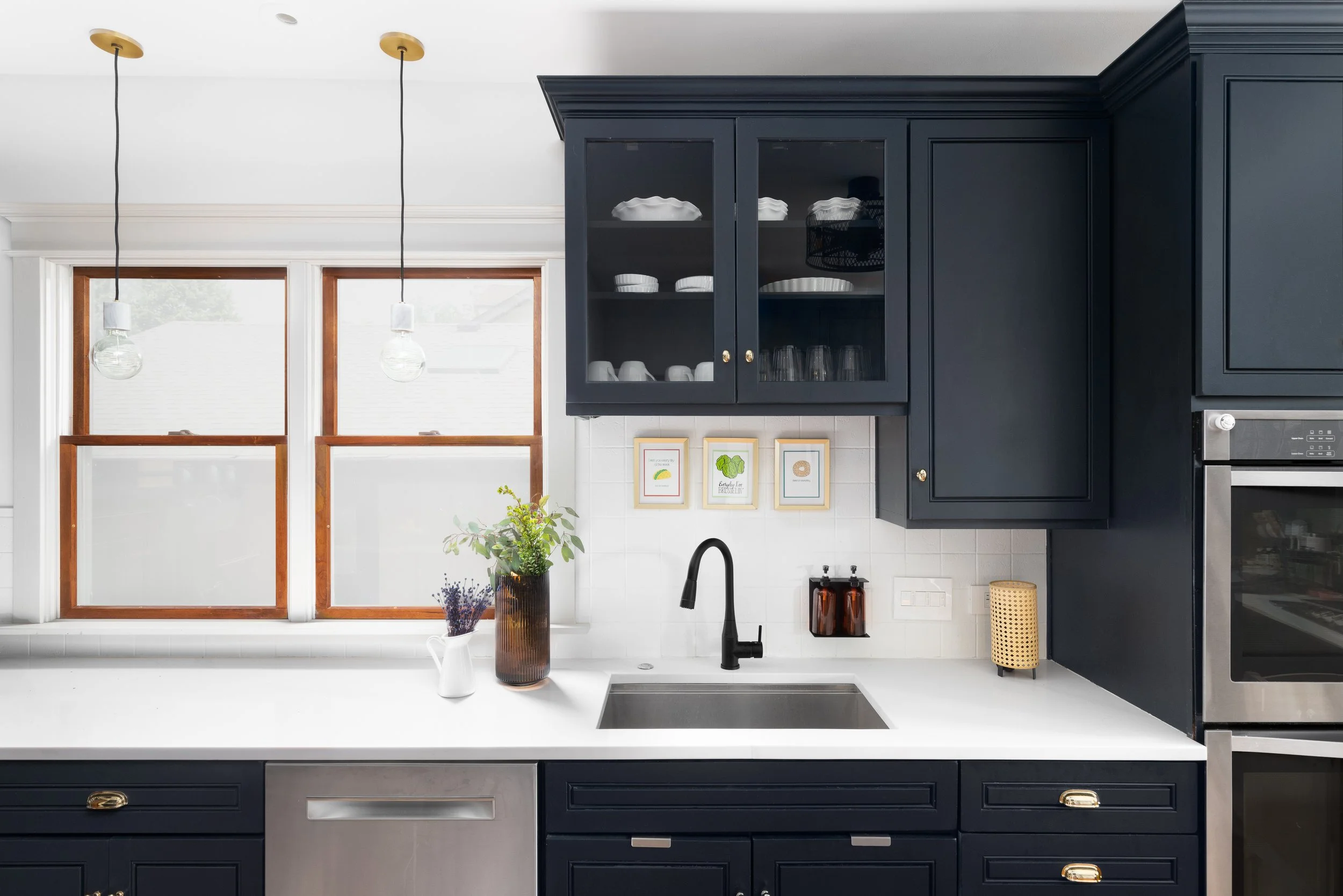 blue kitchen cabinets white countertops