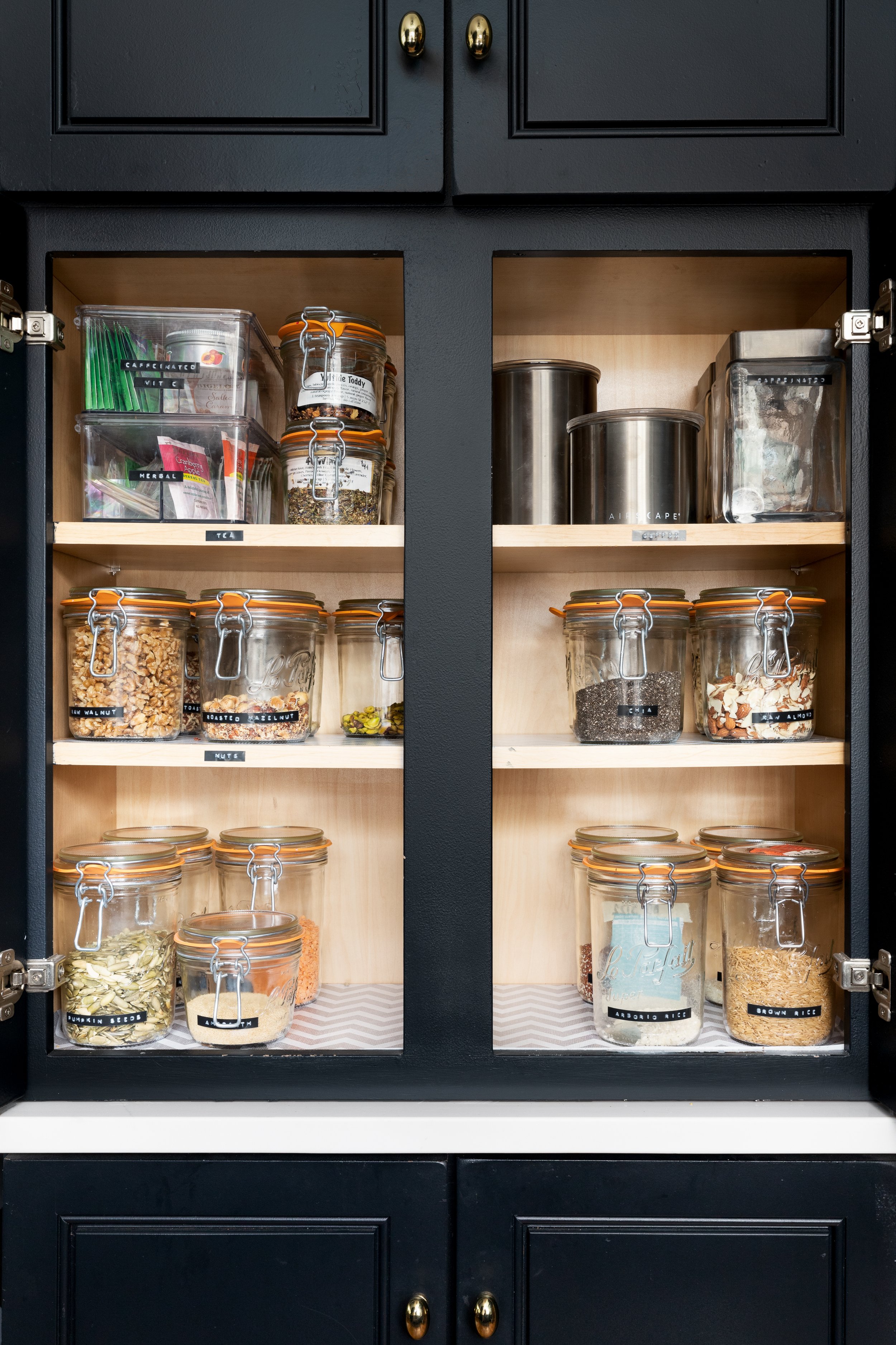 blue cabinets decanted pantry organization