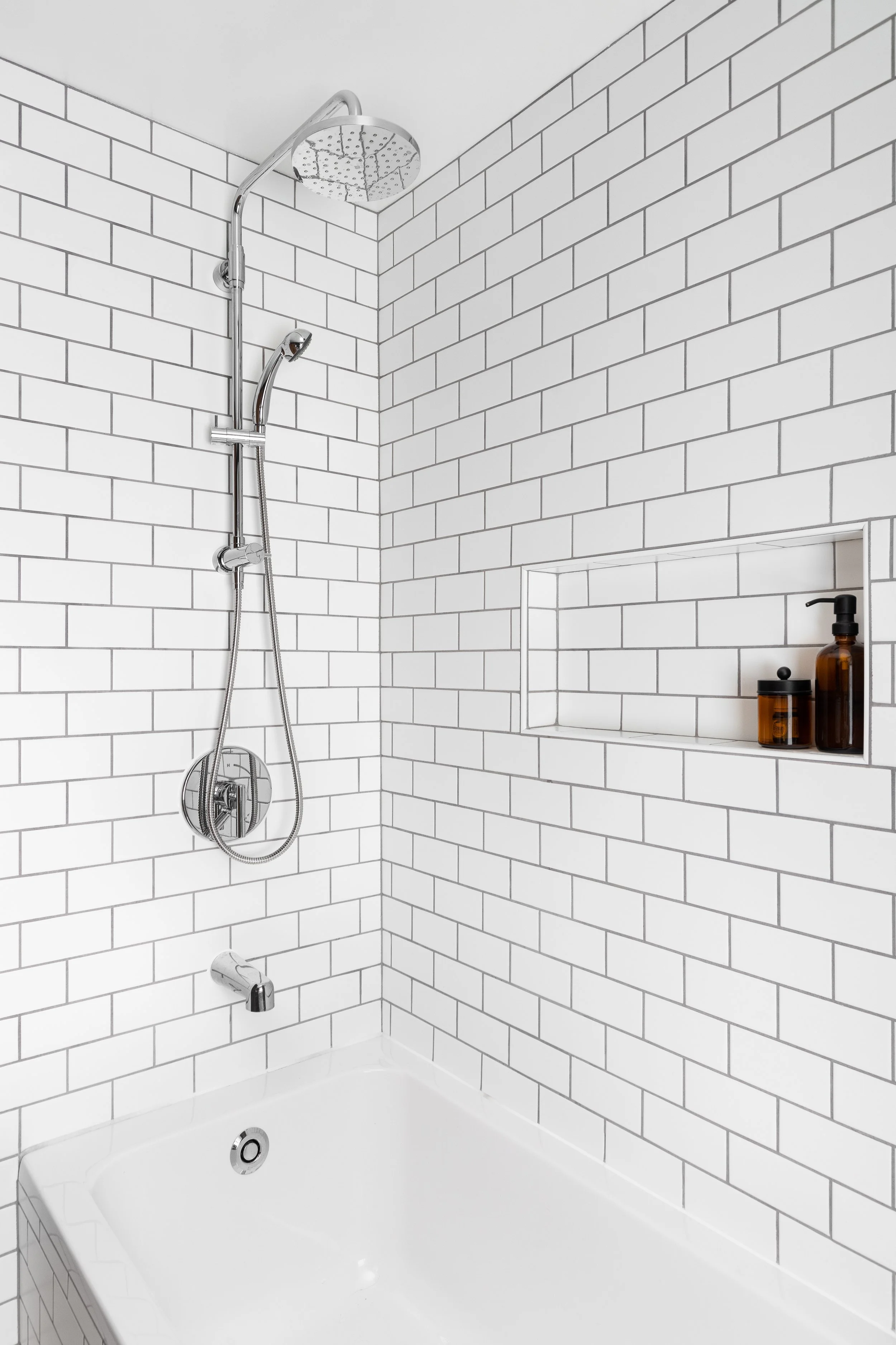 Shower image classic white subway tile polished nickel fixtures