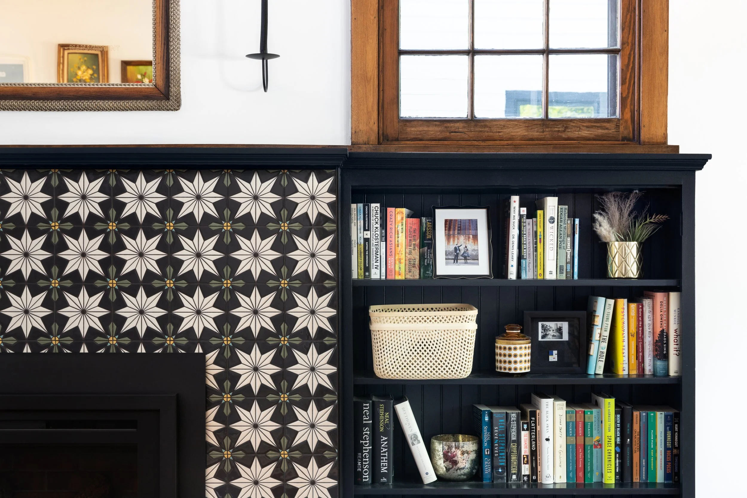 Living room detail of geometric fireplace tile accessories