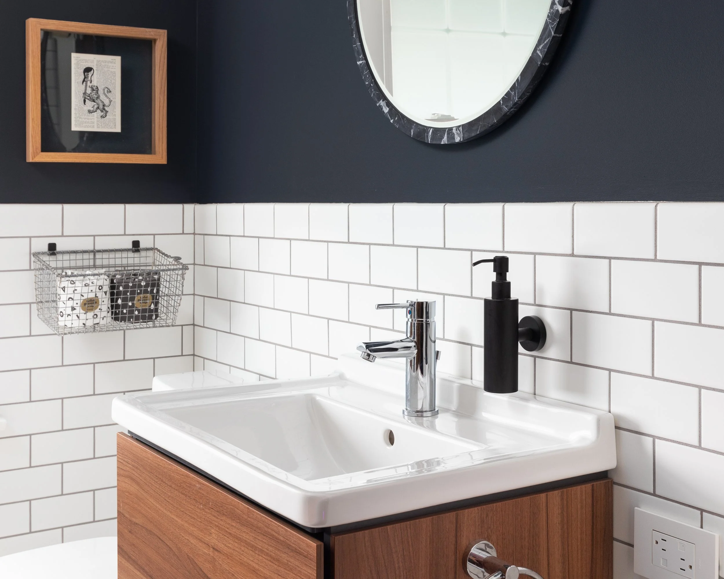 Bathroom black walls white subway tile modern vanity