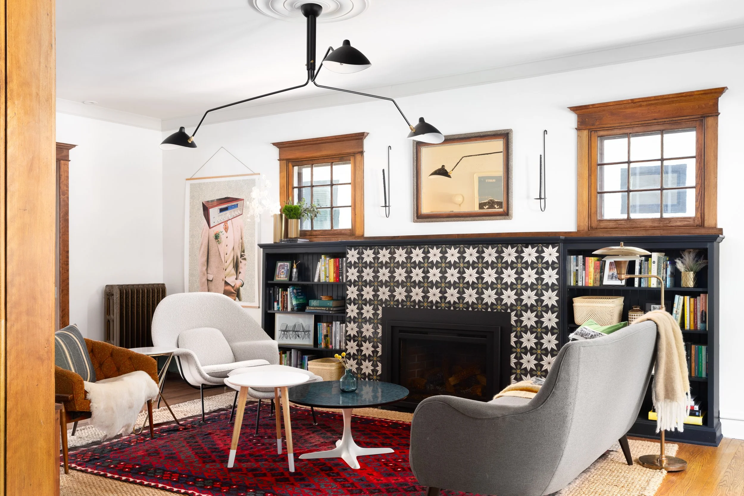 Living room geometric tile fireplace vintage furnishings