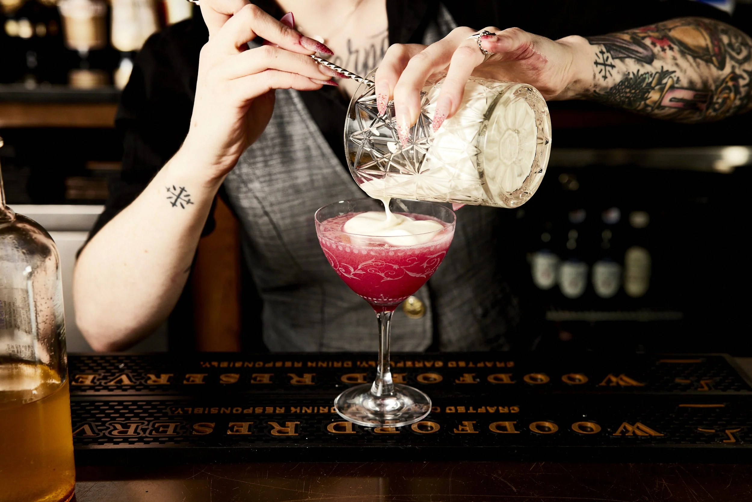 The top layer is cream cheese inspired, and is a cold foam mixed from heavy cream, kefir and Disaronno 