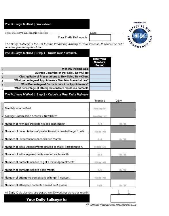 The Bullseye Method worksheet for calculating daily income goals, featuring sections for entering numbers related to sales, commissions, and contact conversion rates. Includes tables for monthly and daily calculations and a logo for XPE Enterprises LLC.
