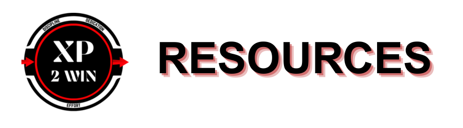 Logo reading "XP 2 WIN" with words "Discipline, Dedication, Effort" in a circle, next to the word "RESOURCES" in bold letters.