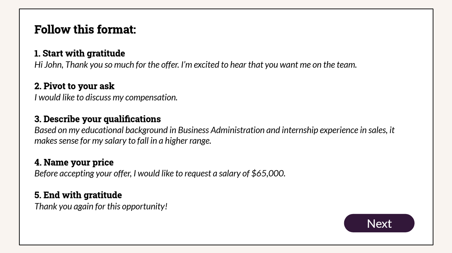 eLearning still shows the framework step by step with an example sentence illustrating each step.