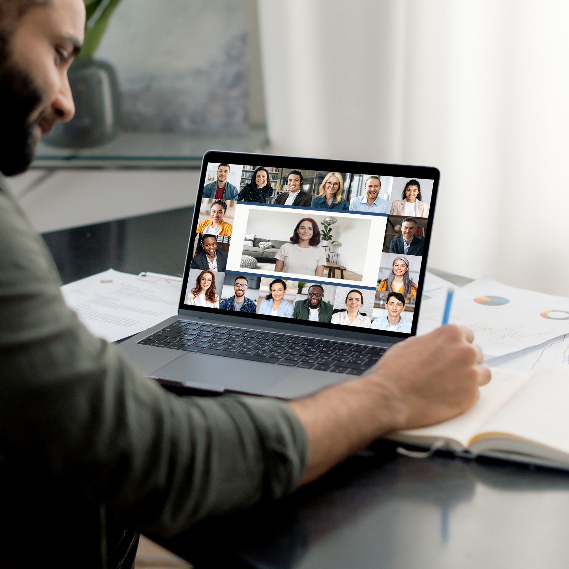 Image of a person participating in virtual instructor-led training on video conferencing platform.