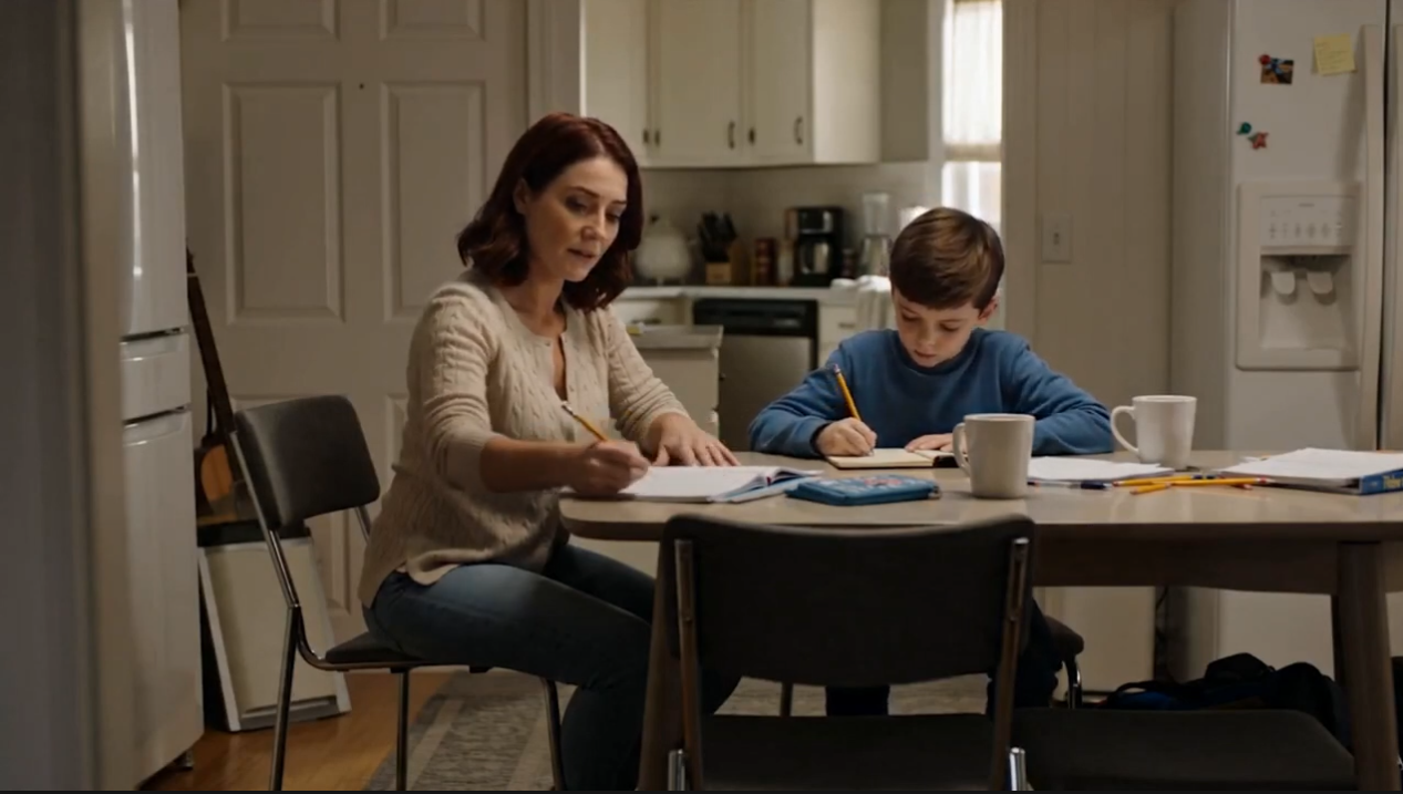 Video still: a mother helps her child with homework at the kitchen table, setting up the parent-perspective narrative that opens the training.