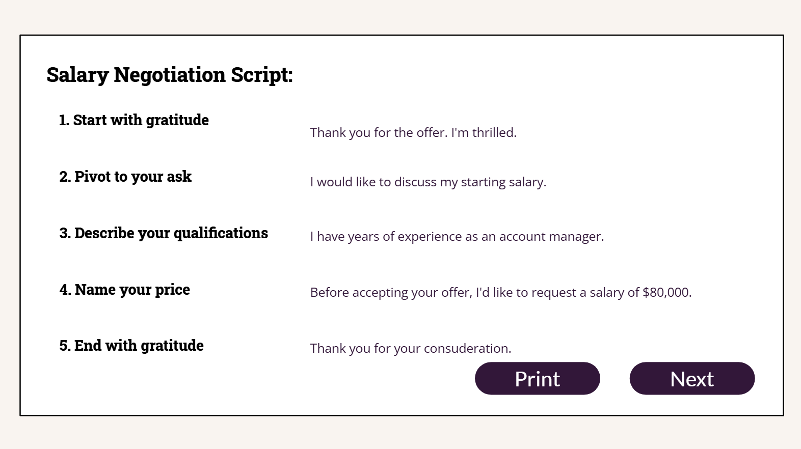Learner's completed salary negotiation script, generated from the five-step format with a $80,000 ask.