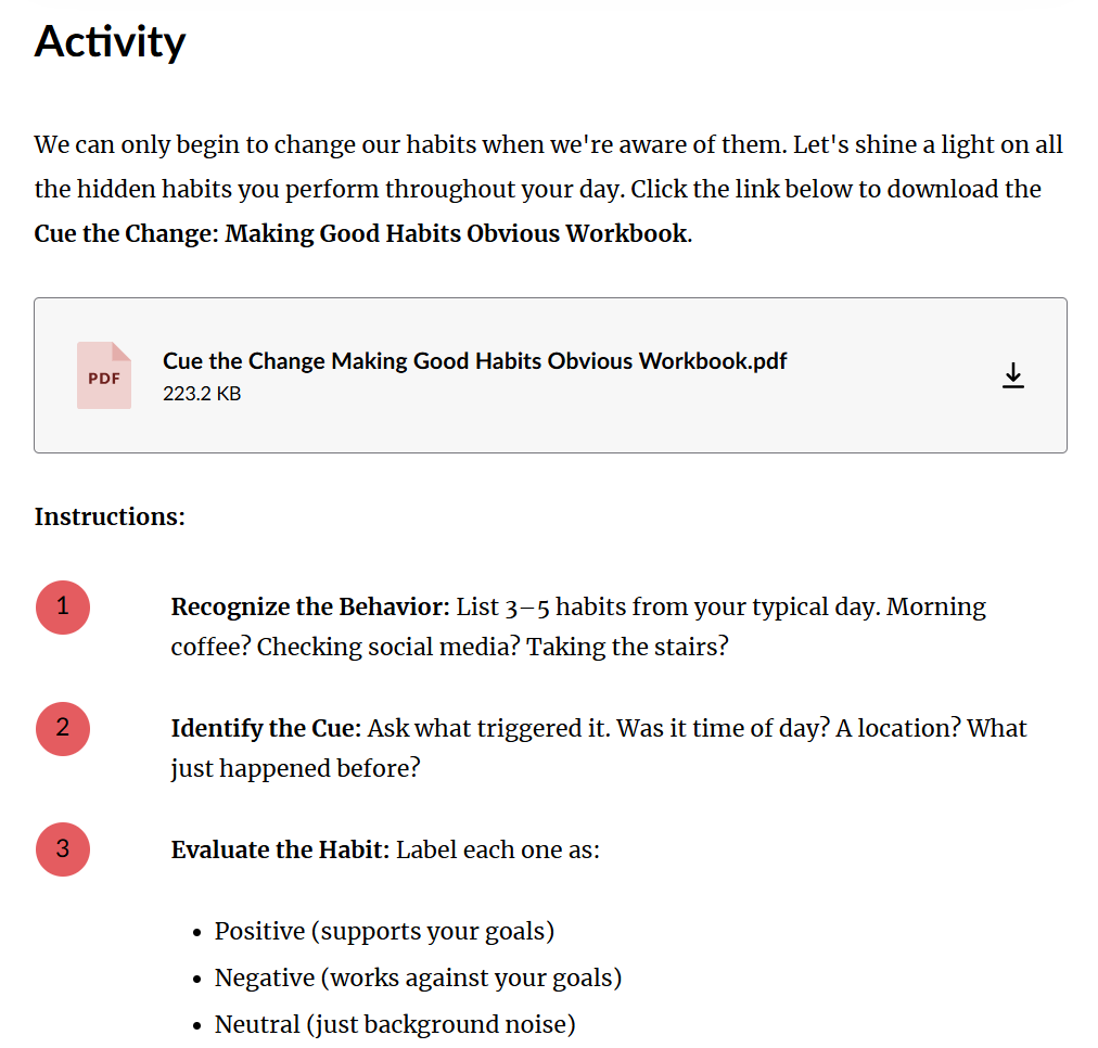 Activity screen outlining the purpose of the exercise, a downloadable workbook link, and instructions for identifying habits the learner regularly performs.