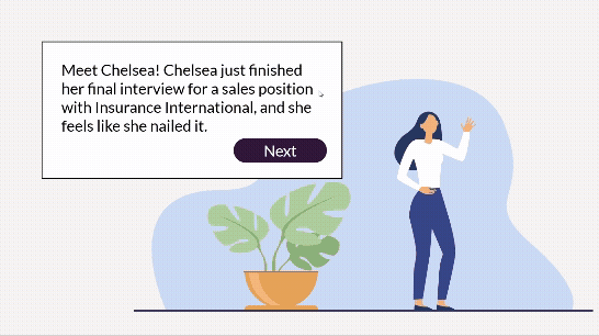 Laptop shows animation of email arriving. Insurance International offers Chelsea the Account Manager role and asks her to sign and return the offer letter.