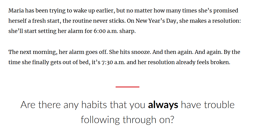 Course screen presenting a scenario about a woman who repeatedly snoozes her alarm, followed by an open-ended reflection prompt: "Are there any habits you always have trouble following through on?"