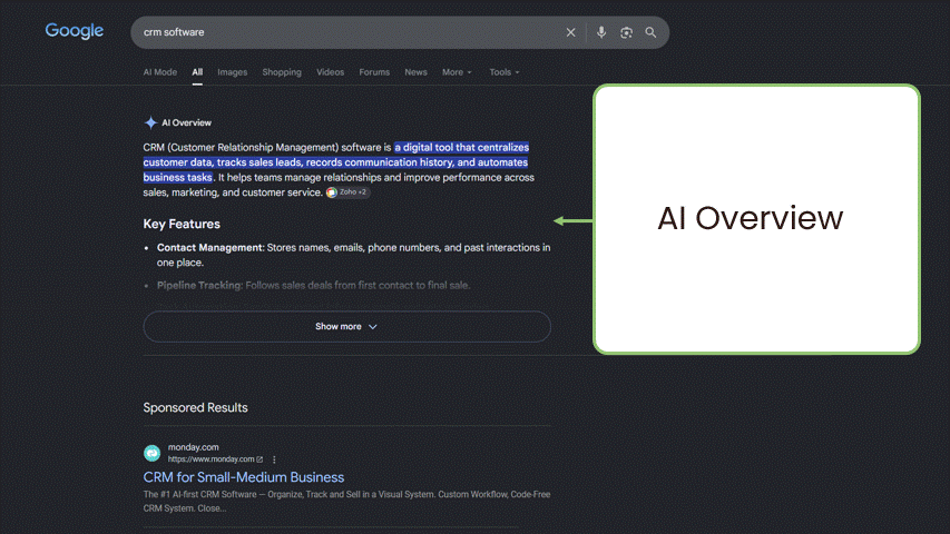 Animated GIF of a Google Chrome search results screenshot, cycling top to bottom through labeled sections: AI Overviews, Paid Results, People Also Ask, Organic Results, Related Products, Images, and People Also Search For.