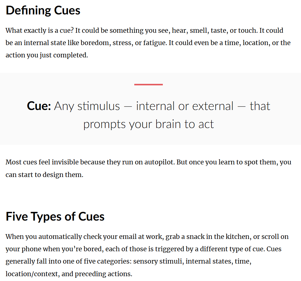 Course screen defining the term "cue," with the heading "Five Types of Cues" introducing the next section of the framework.