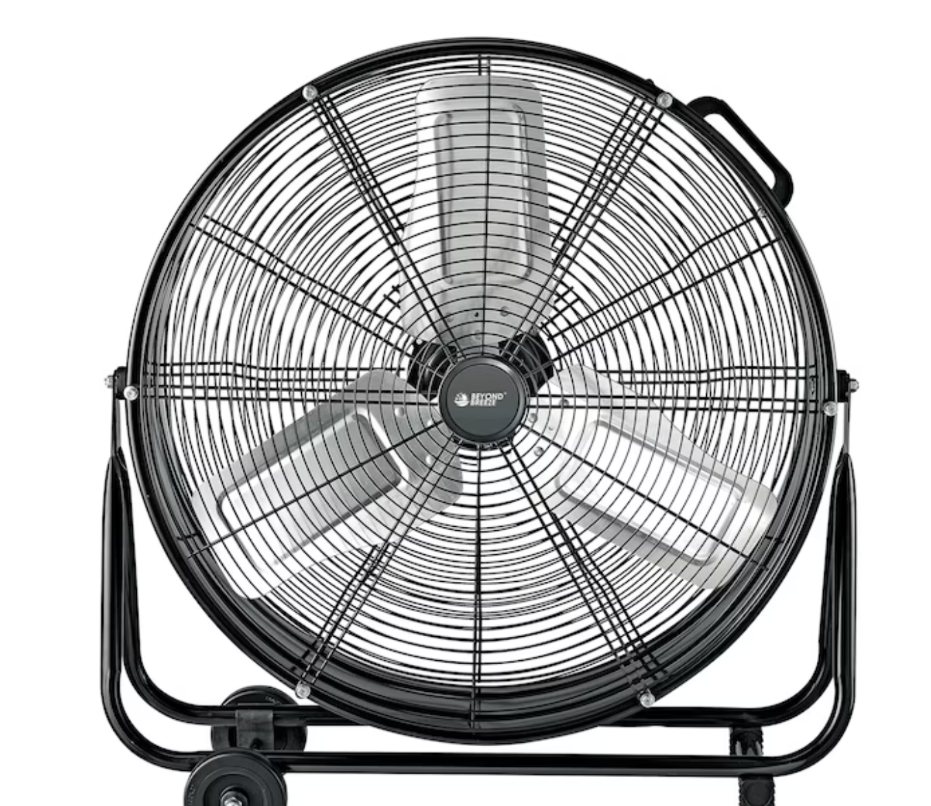 A large 24" industrial fan with a metal protective grill, mounted on a wheeled stand for mobility.