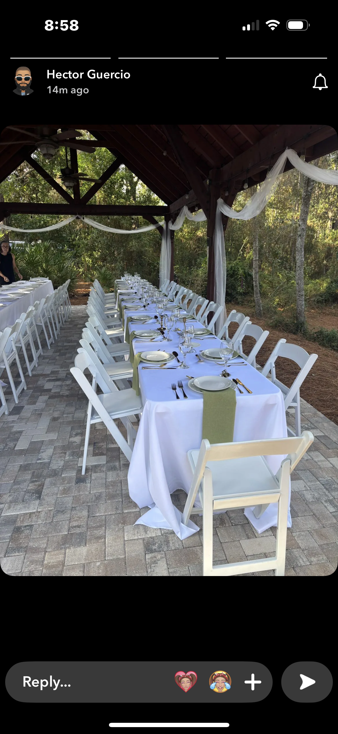 Long outdoor dining table set with white tablecloths, white padded garden chairs, green napkins, plates, wine glasses, silverware, under a wooden pavilion decorated with sheer white fabric, surrounded by trees and greenery.