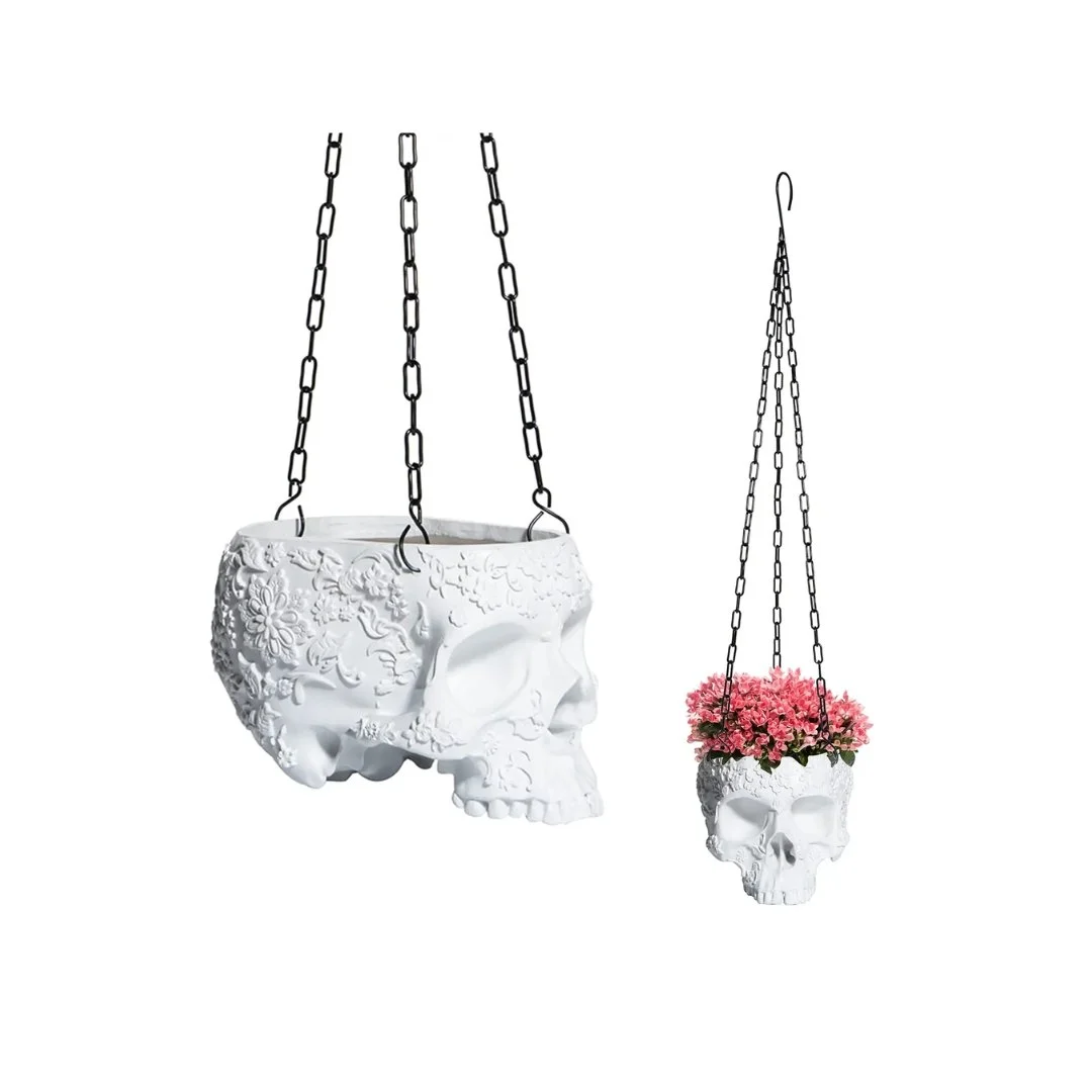 Hanging Flower Skull Pot White | The Pot City