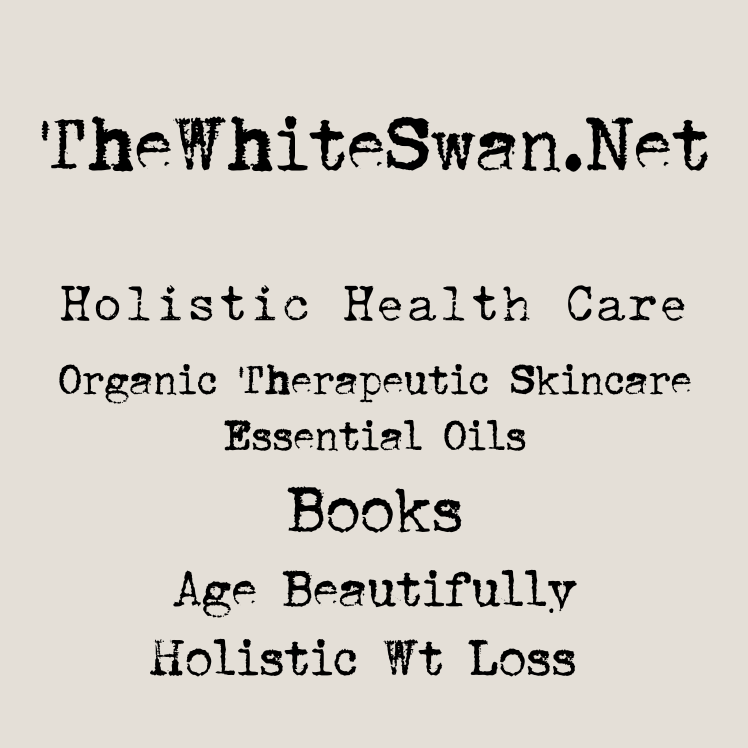 Typography-based logo with text for TheWhiteSwan.Net, promoting holistic health care, organic therapeutic skincare, essential oils, books, age beautifully, and holistic weight loss.