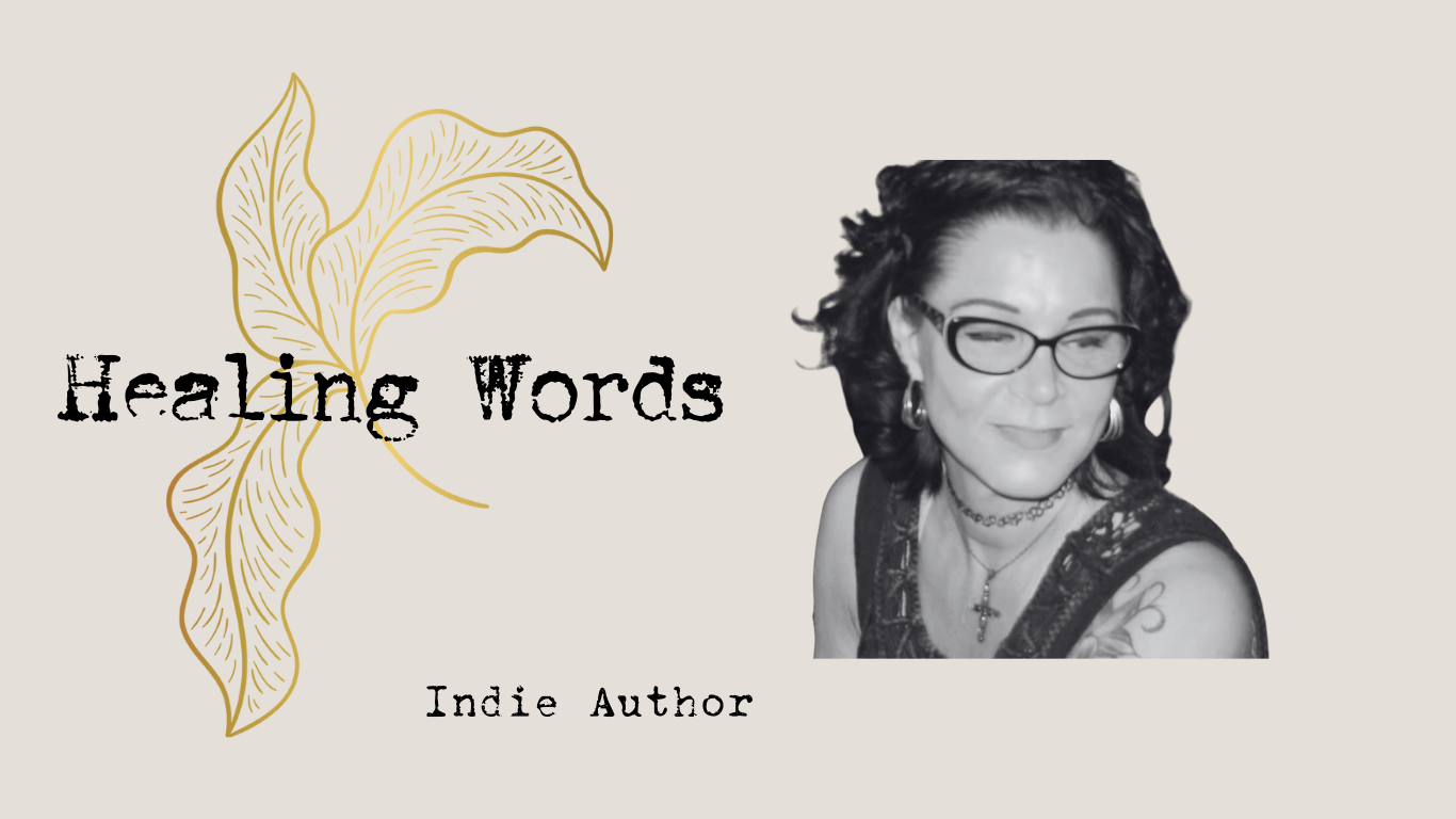 Indie Author with Healing Words featuring a black-and-white photo of a woman wearing glasses and jewelry, with a beige background and a gold decorative leaf illustration.