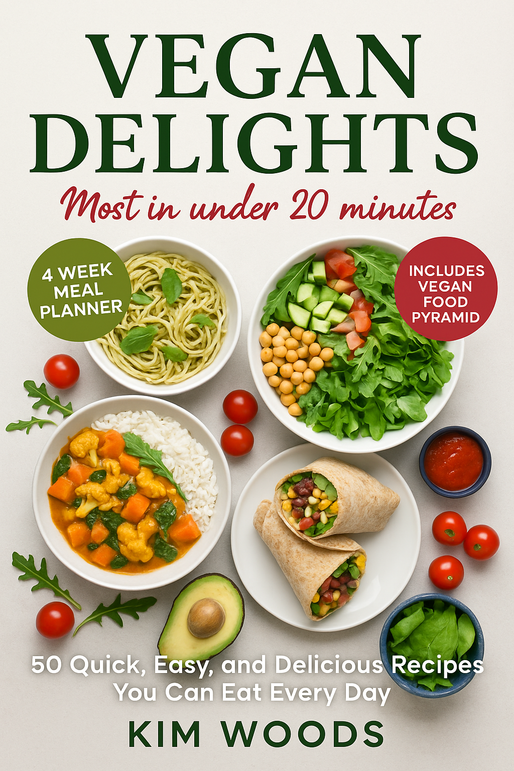 Cover of a cookbook titled "Vegan Delights" featuring a salad, a bowl of rice with curry, pesto pasta, and a vegan wrap, with promotional labels about meal planner and food pyramid, promoting quick vegan recipes.