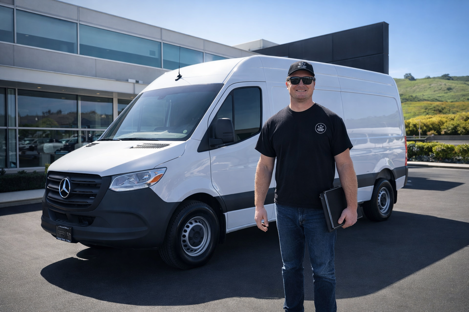 A man wearing sunglasses and a black t-shirt standing in front of a white delivery van outside a modern building with glass windows and a hilly landscape in the background.