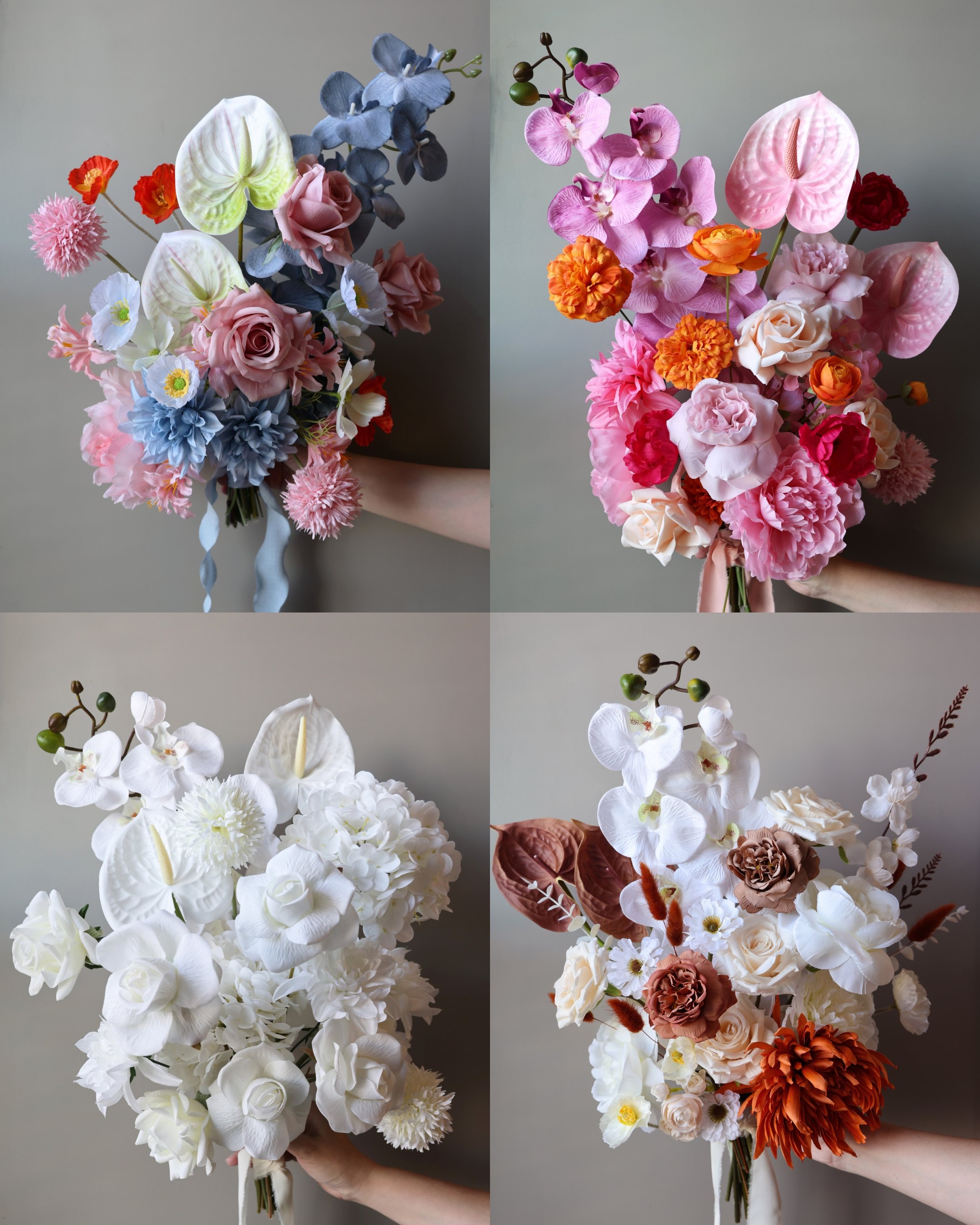 Grid of four images of faux floral bridal bouquets in a modern style