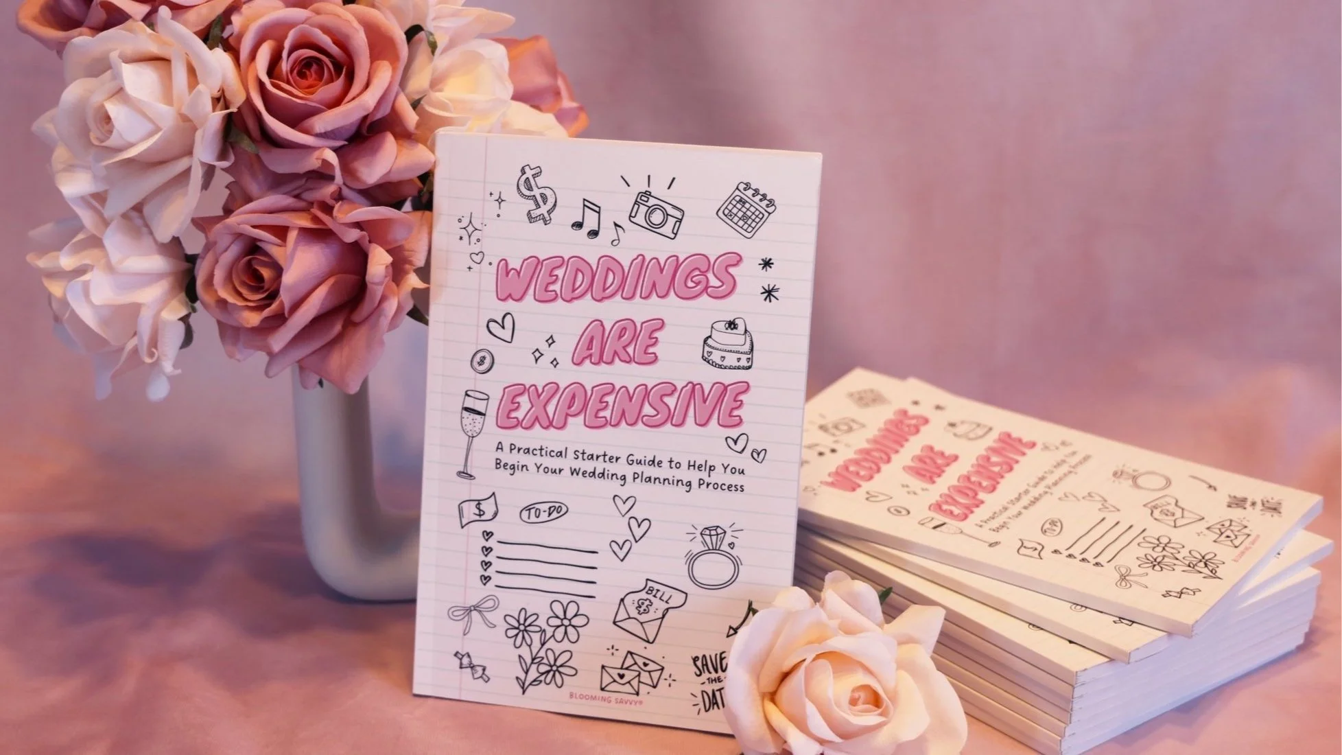 Paperback book that reads "Weddings Are Expensive" next to a vase of pink roses
