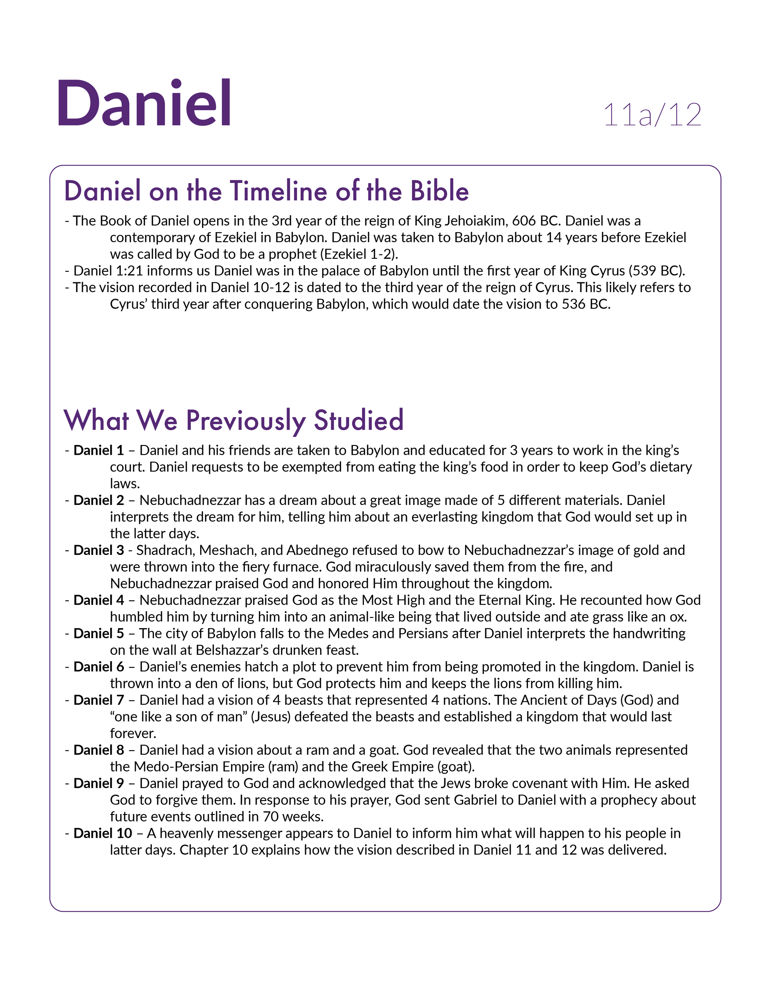 Daniel 11a Timeline and Review