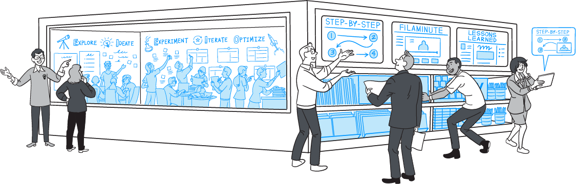 Illustration of a collaborative learning environment with people discussing science or research concepts on a large digital blackboard and screens, showing steps, experiments, lessons, and data analysis.