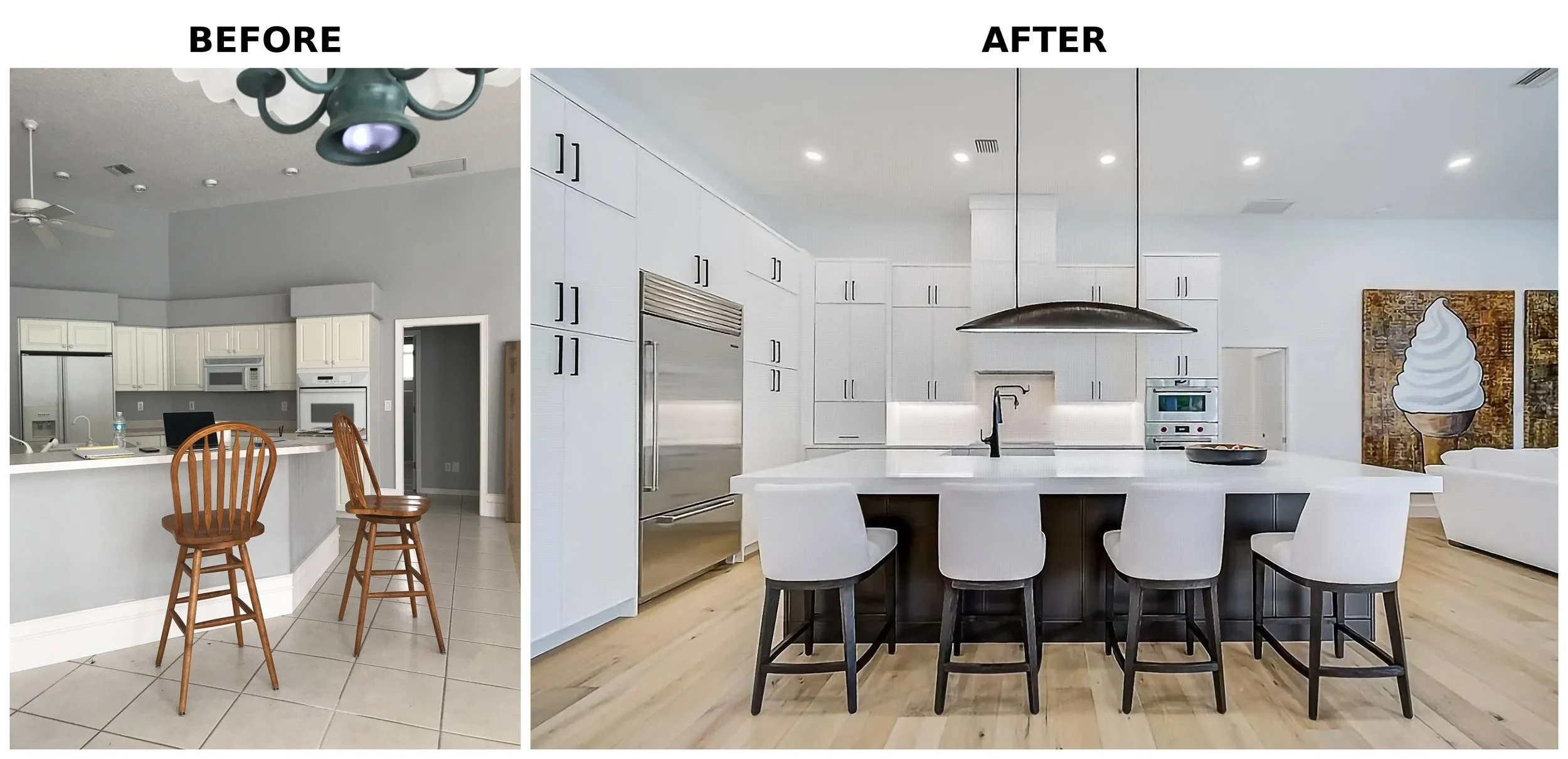 Comparison of kitchen before and after renovation. The 'before' side shows a kitchen with white cabinets, a microwave, and a round island with two wooden chairs. The 'after' side features a modern kitchen with white cabinets, built-in appliances, a l