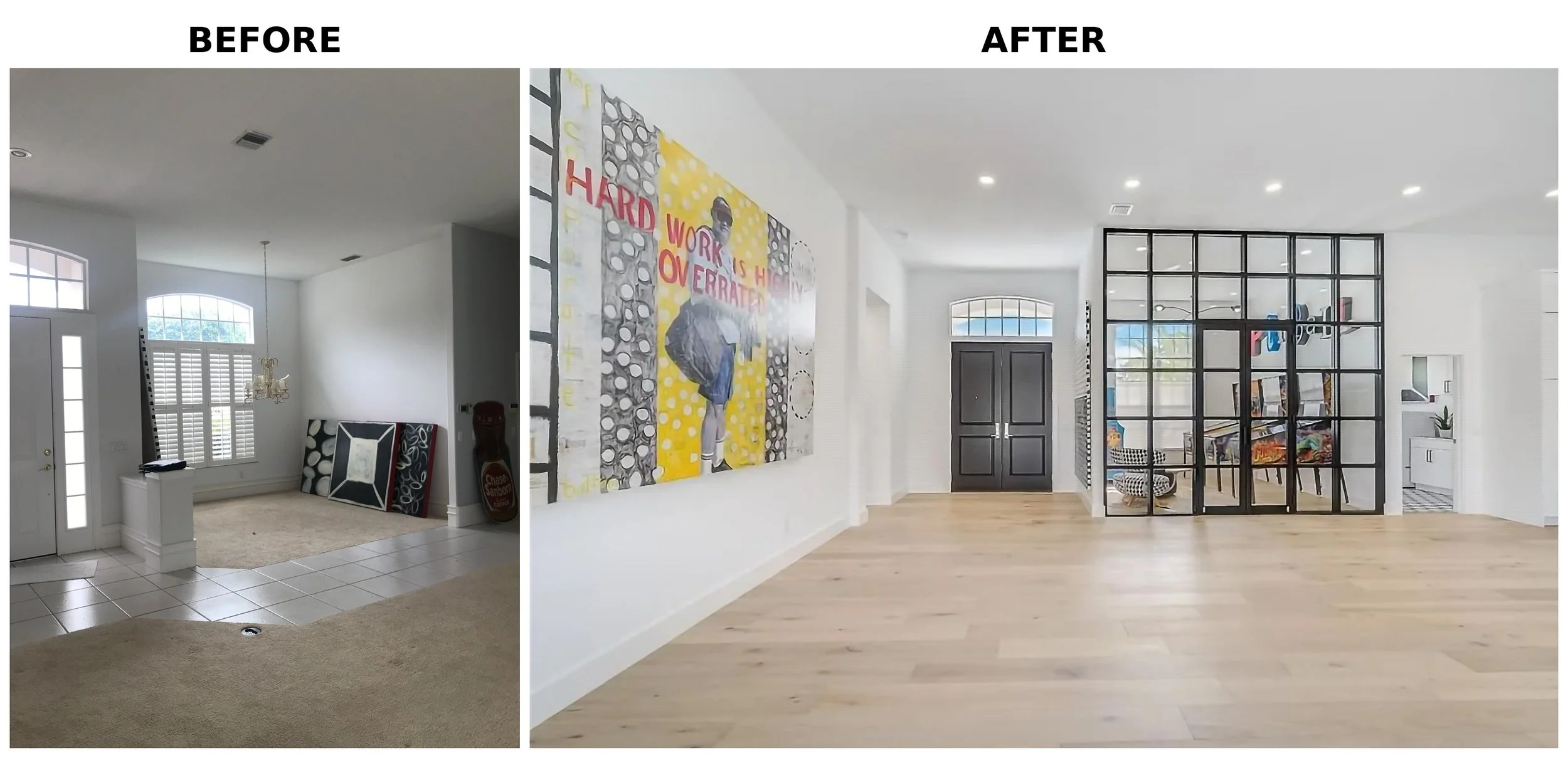 A side-by-side comparison of a living room before and after renovation. The 'before' shows a white entryway with tiled floor, window blinds, and a small ceiling light, with some paintings leaning against the wall. The 'after' shows a redesigned, spac