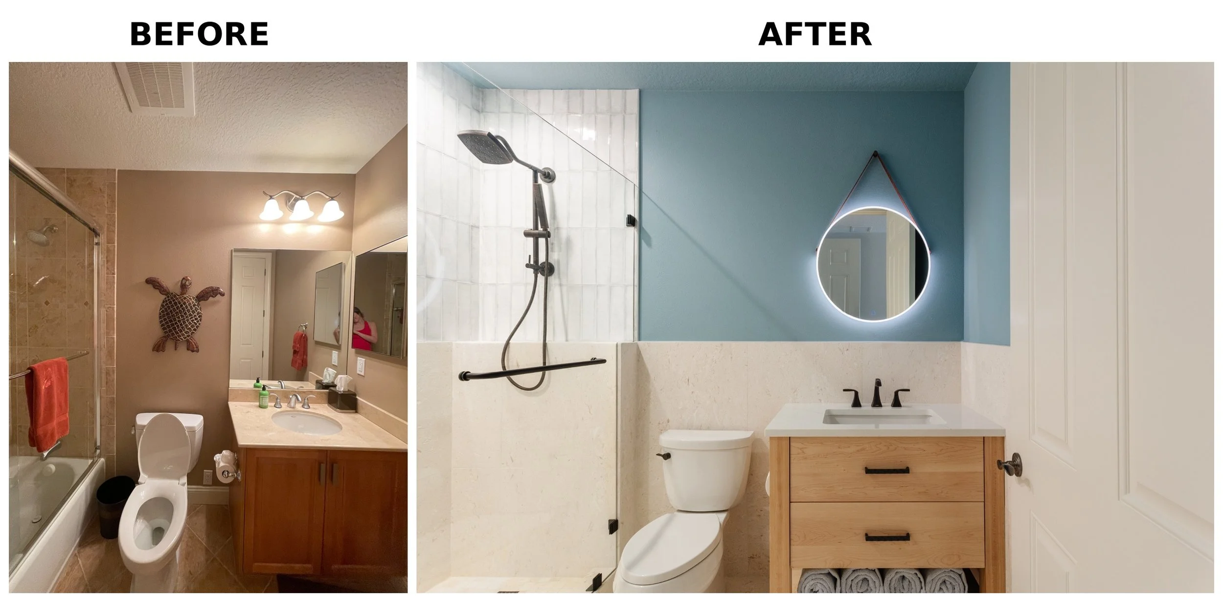 Comparison of a bathroom before and after renovation. The "before" side shows a cluttered bathroom with beige walls, a small mirror, and a decorative turtle on the wall. The "after" side displays a sleek, modern bathroom with a walk-in shower, light 