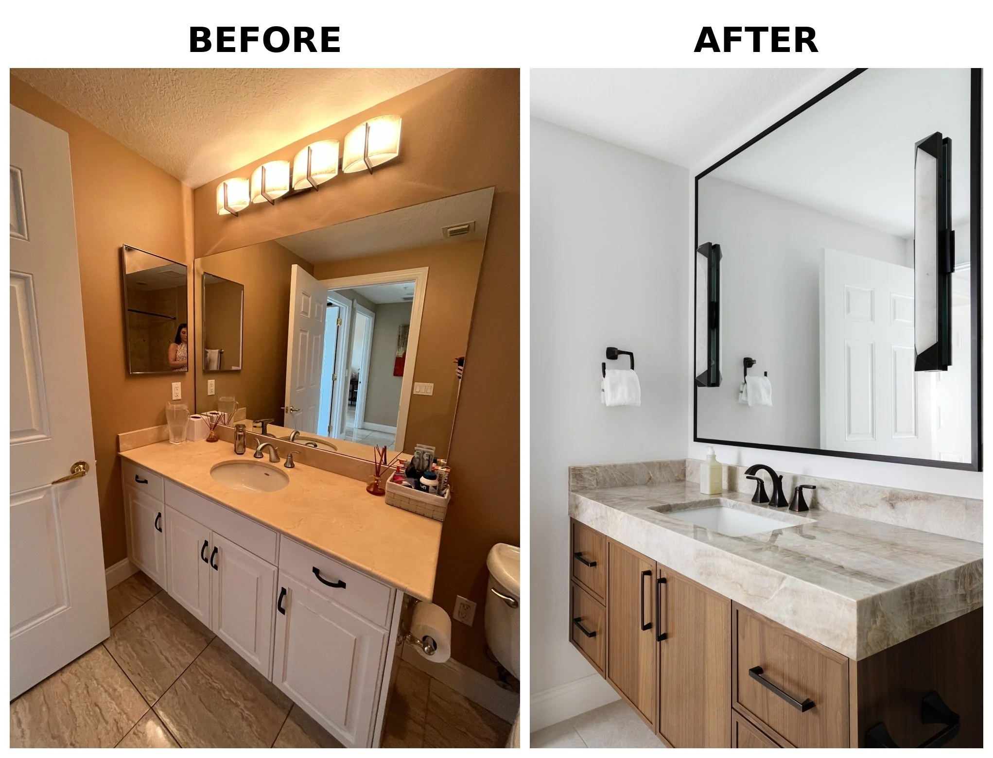 Side-by-side comparison of a bathroom before and after renovation. The before image shows a beige wall with a large mirror, a floating white vanity with black handles, and a multi-bulb ceiling light fixture. The after image features a modern bathroom