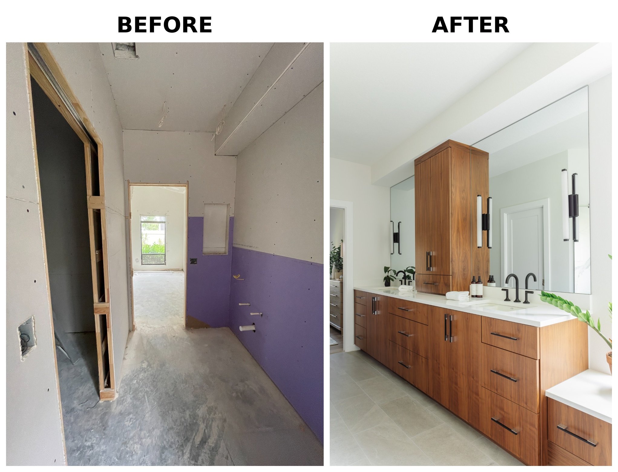 Side-by-side comparison of a room before and after renovation; the left shows an unfinished space with construction materials, unpainted walls, and visible wiring, while the right shows a finished, modern kitchen with wooden cabinets, a white counter