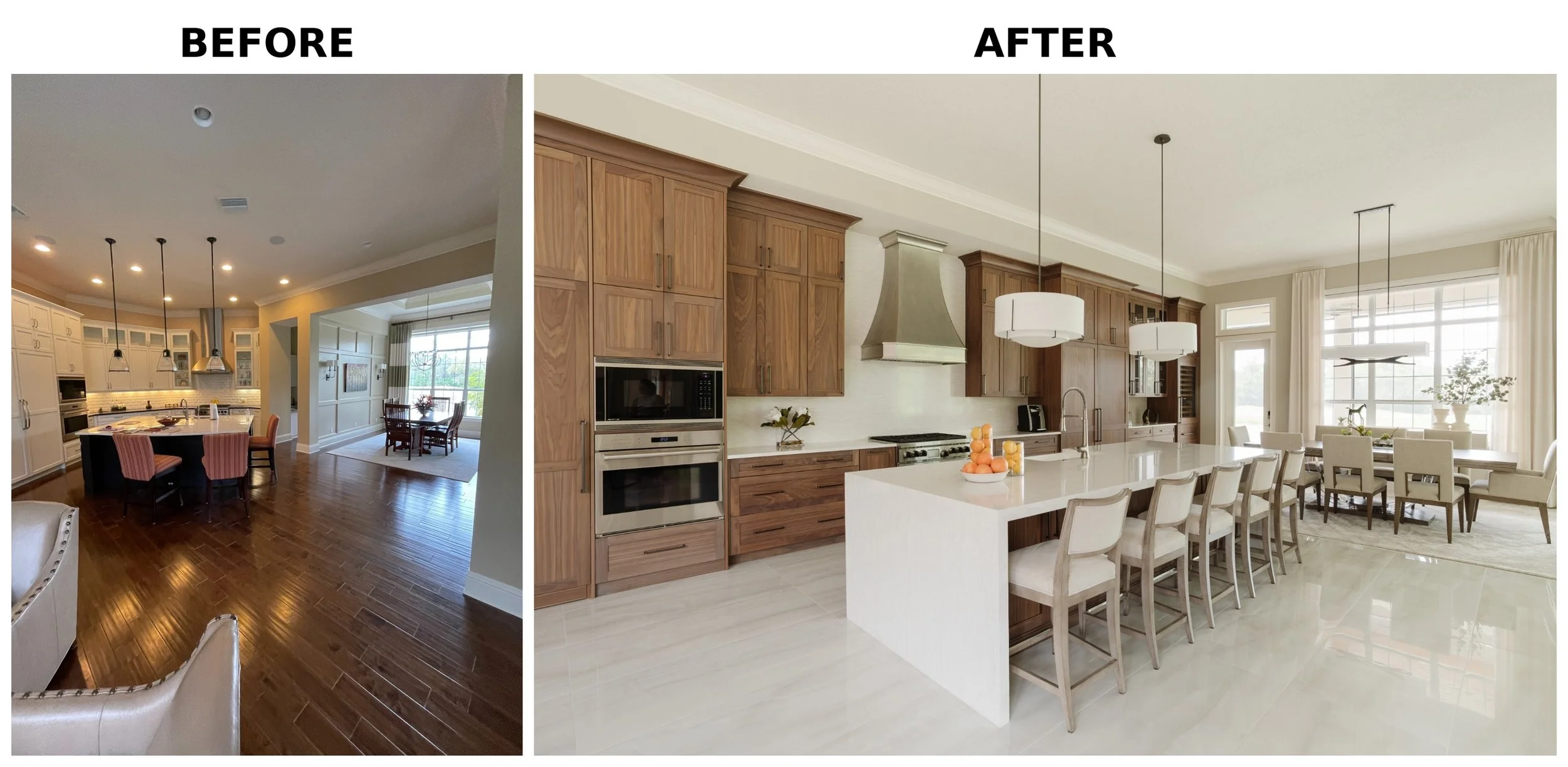 Comparison of a kitchen before and after renovation: the before image shows a kitchen with dark wooden flooring, white cabinets, and a dining area with pink chairs; the after image shows a modern kitchen with light-colored tiles, wooden cabinets, a l