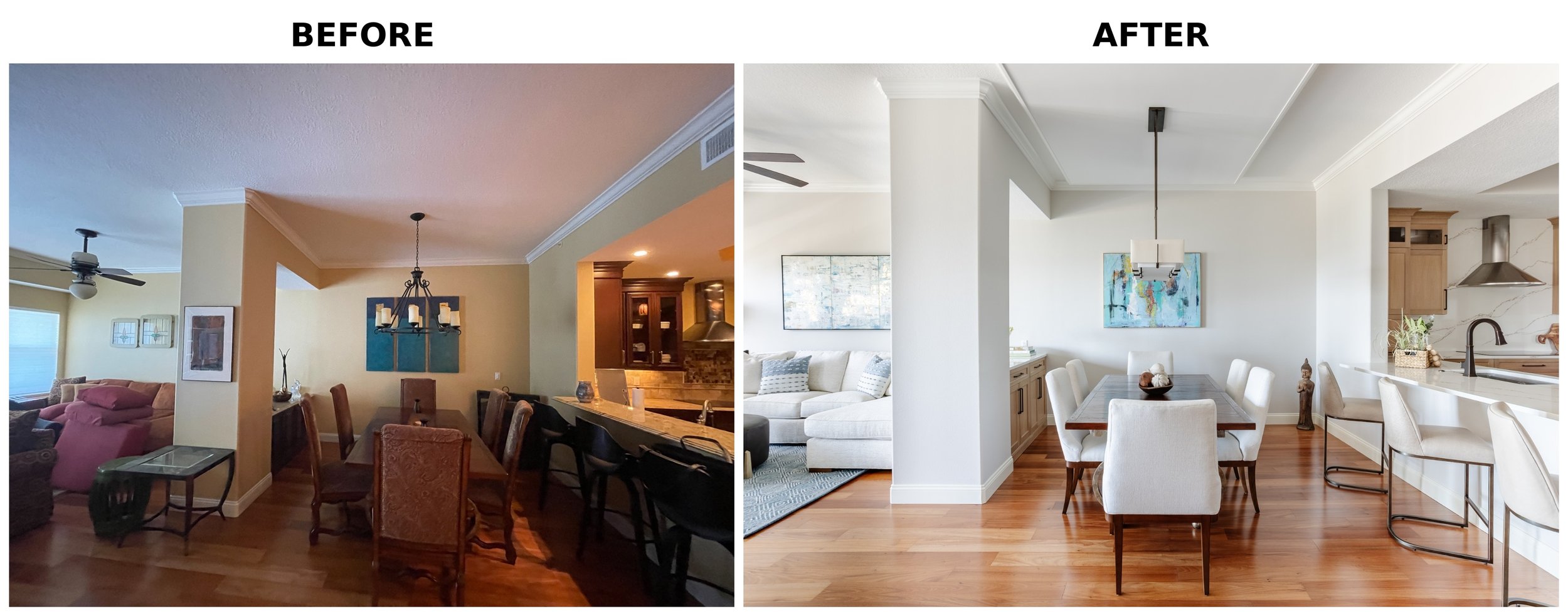 Comparison of interior rooms before and after renovation: The before image shows a darker, cluttered living and dining area with yellow walls, traditional furniture, and basic lighting. The after image features a brighter, modern, and minimalist dini