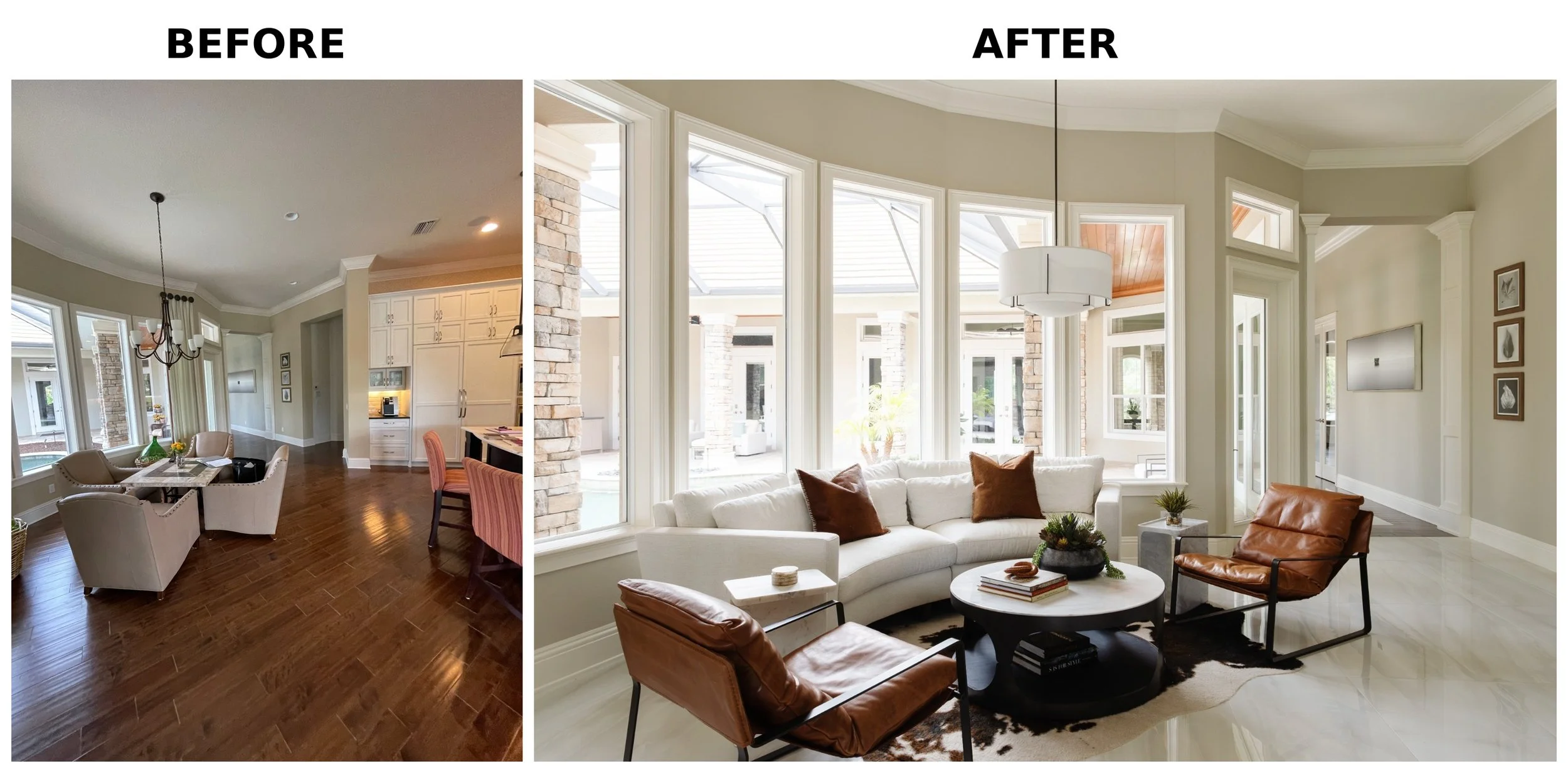 Comparison of a living room before and after renovation showing more natural light, updated furniture, and modern decor in the after image.