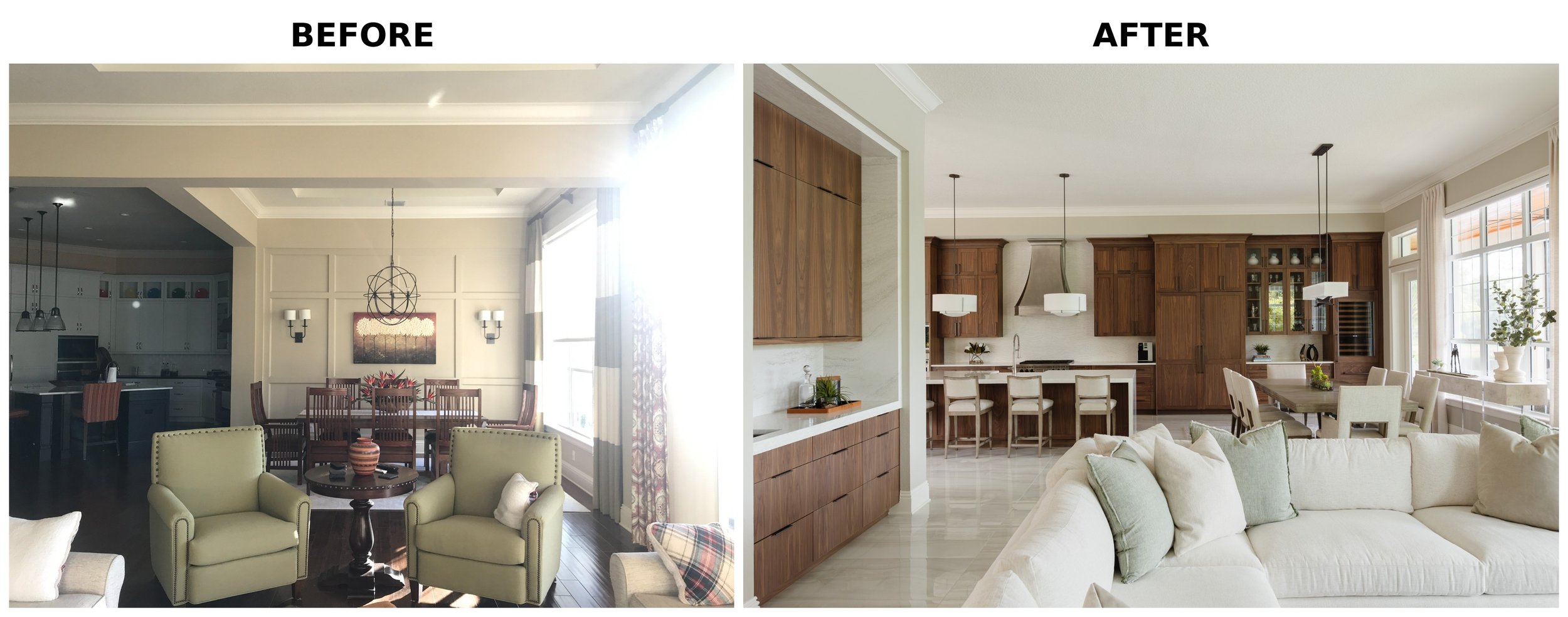 Comparison of a living room and dining area before and after renovation. The 'before' room has beige walls, dark hardwood floors, and traditional furniture. The 'after' room features white walls, light-colored flooring, modern wooden cabinets, and co