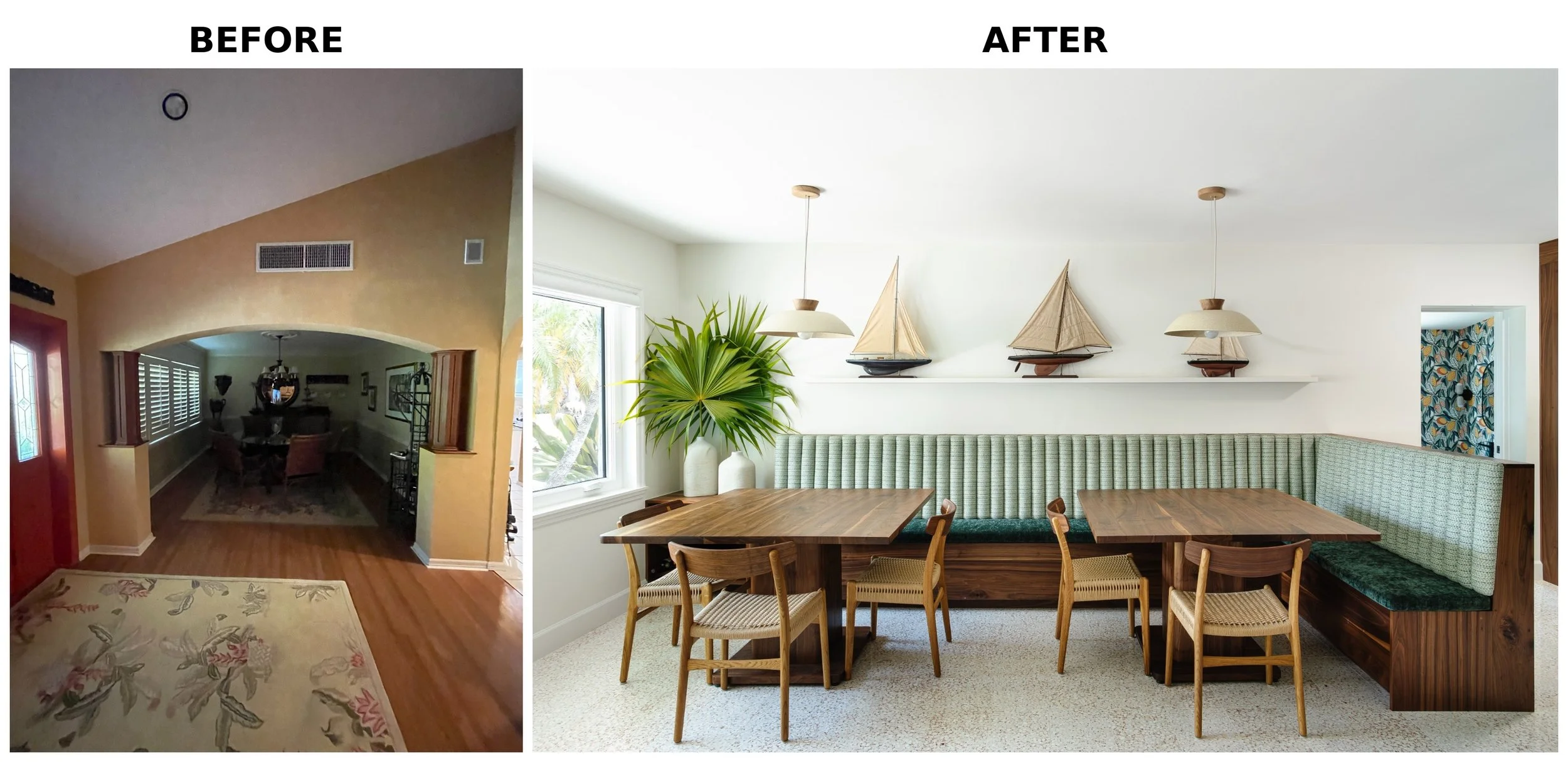 Comparison of a dining room before and after renovation. The before image shows a darker, more traditional space with a cathedral ceiling, yellow walls, and a carpeted area. The after image features a brighter, modern space with white walls, a large 